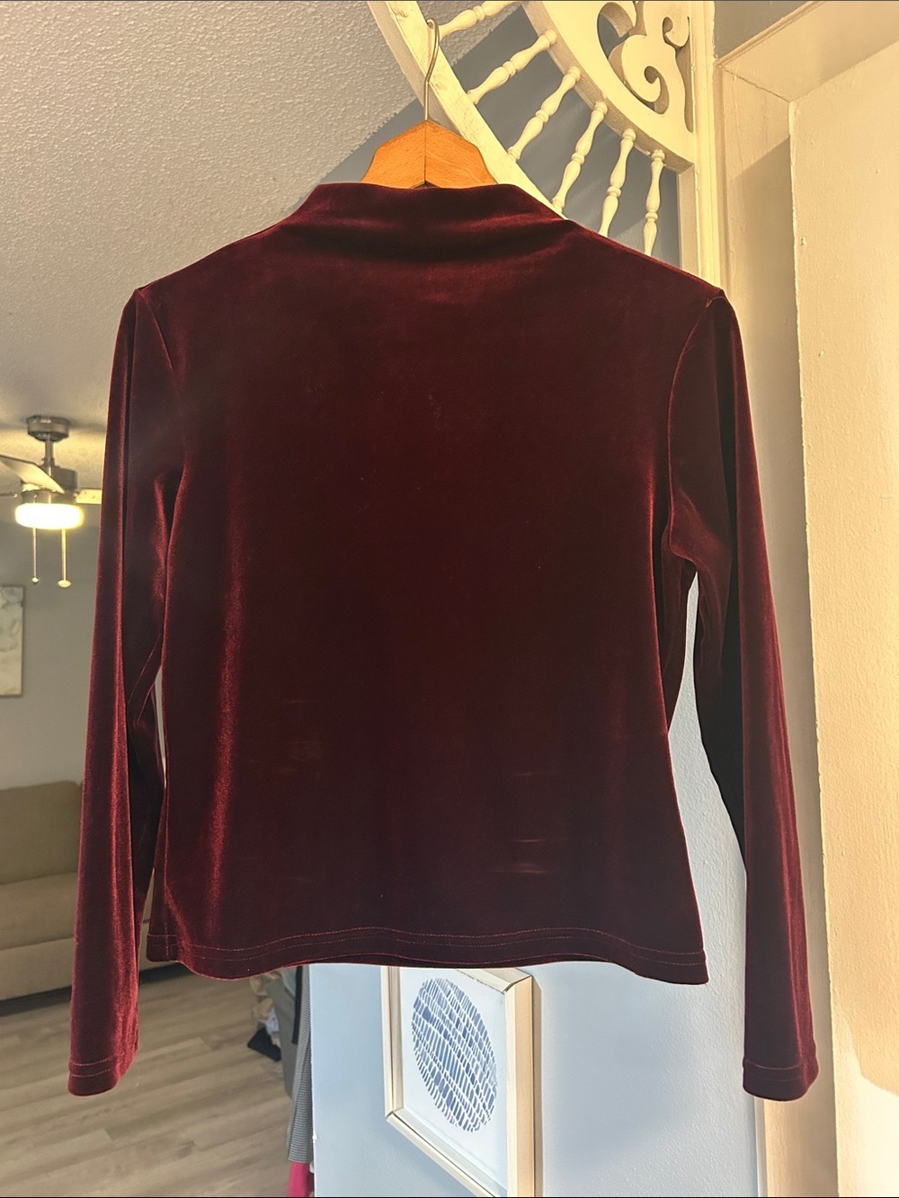 Vintage Jonden Velvet Long-Sleeve Mock Neck Top Cabernet Red Petite Size MP